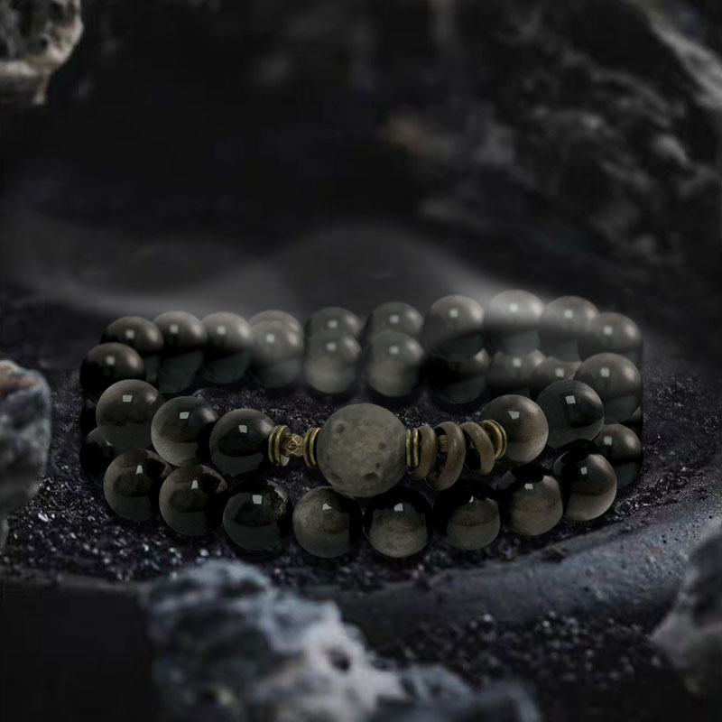 Ahonui - Silver Obsidian Double Circle Bracelet