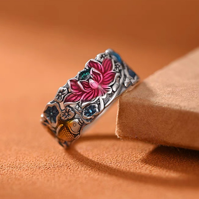 Cloisonné Lotus & Koi Ring - Double Fortune Embodied