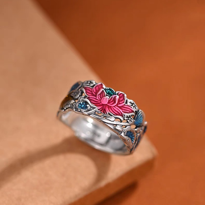 Cloisonné Lotus & Koi Ring - Double Fortune Embodied