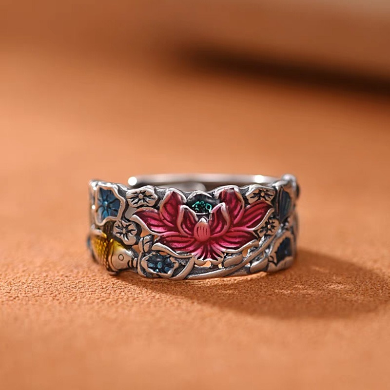 Cloisonné Lotus & Koi Ring - Double Fortune Embodied