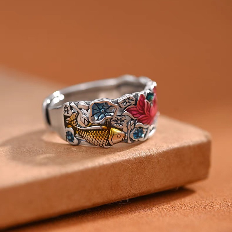 Cloisonné Lotus & Koi Ring - Double Fortune Embodied
