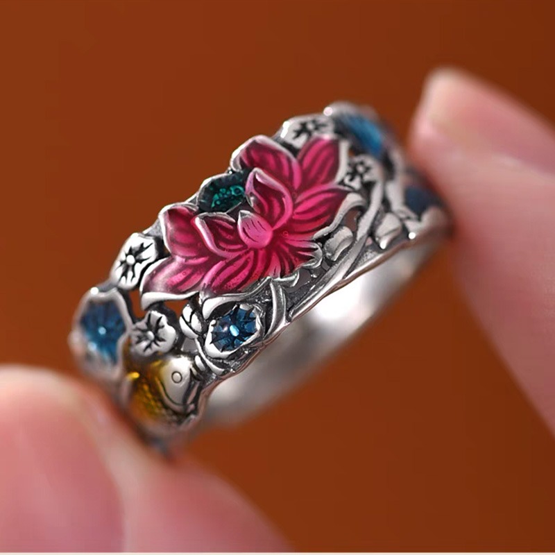 Cloisonné Lotus & Koi Ring - Double Fortune Embodied