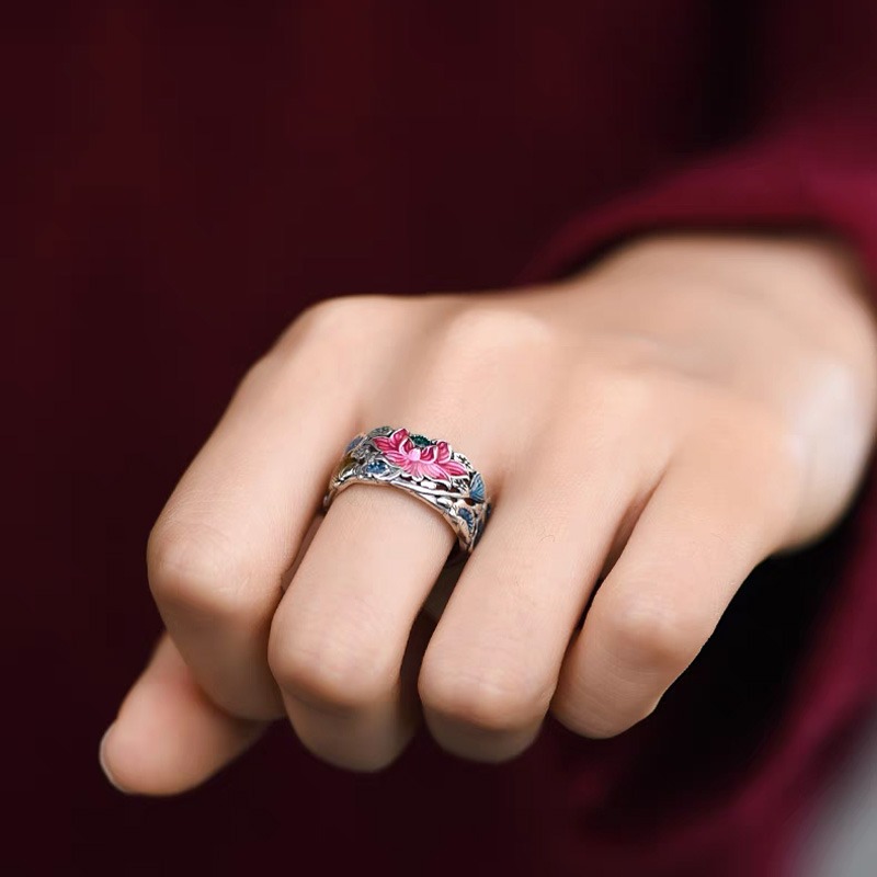 Cloisonné Lotus & Koi Ring - Double Fortune Embodied